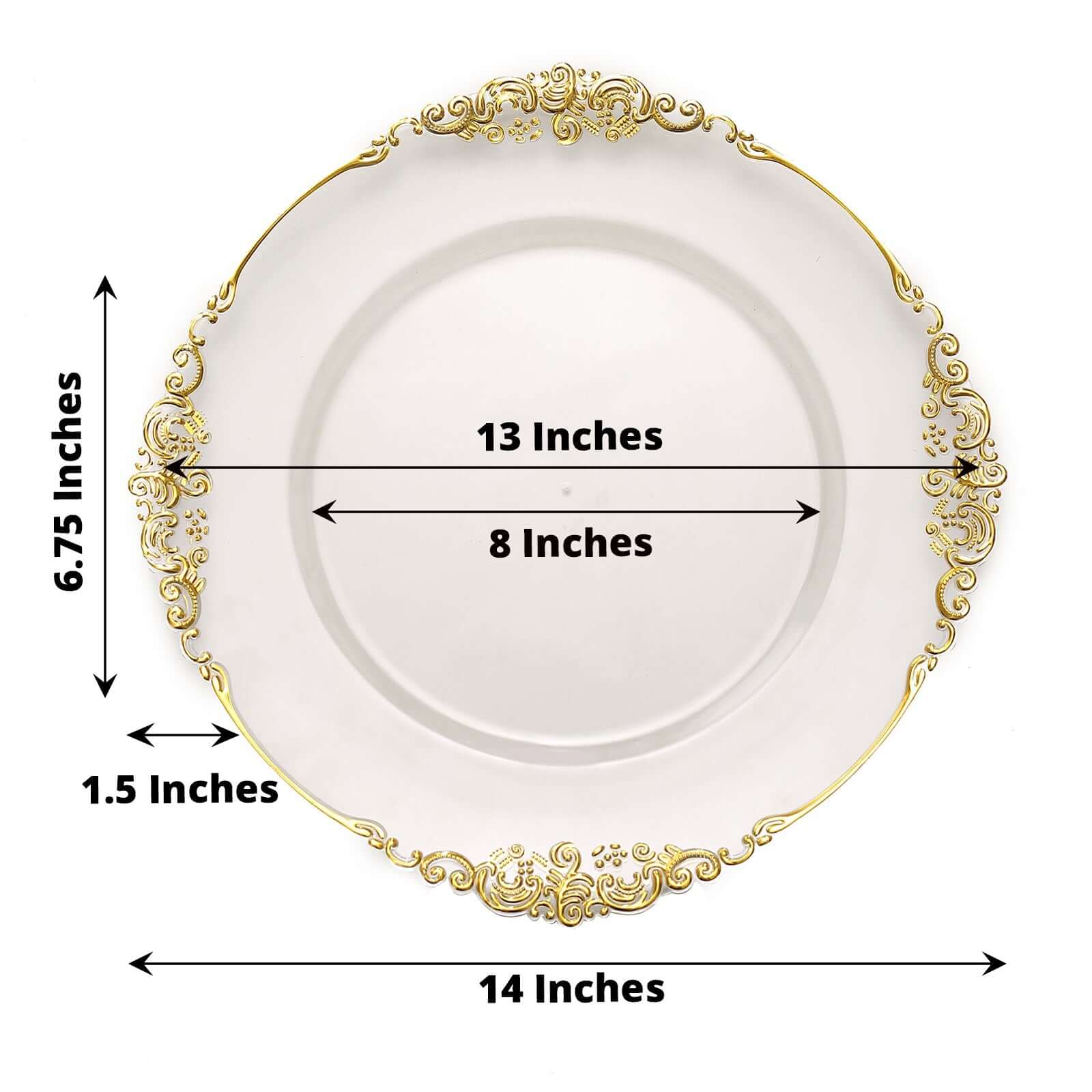6-Pack Acrylic Charger Plates 13" Round Clear with Gold Embossed Baroque Rim - Antique Decorative Dinner Tableware