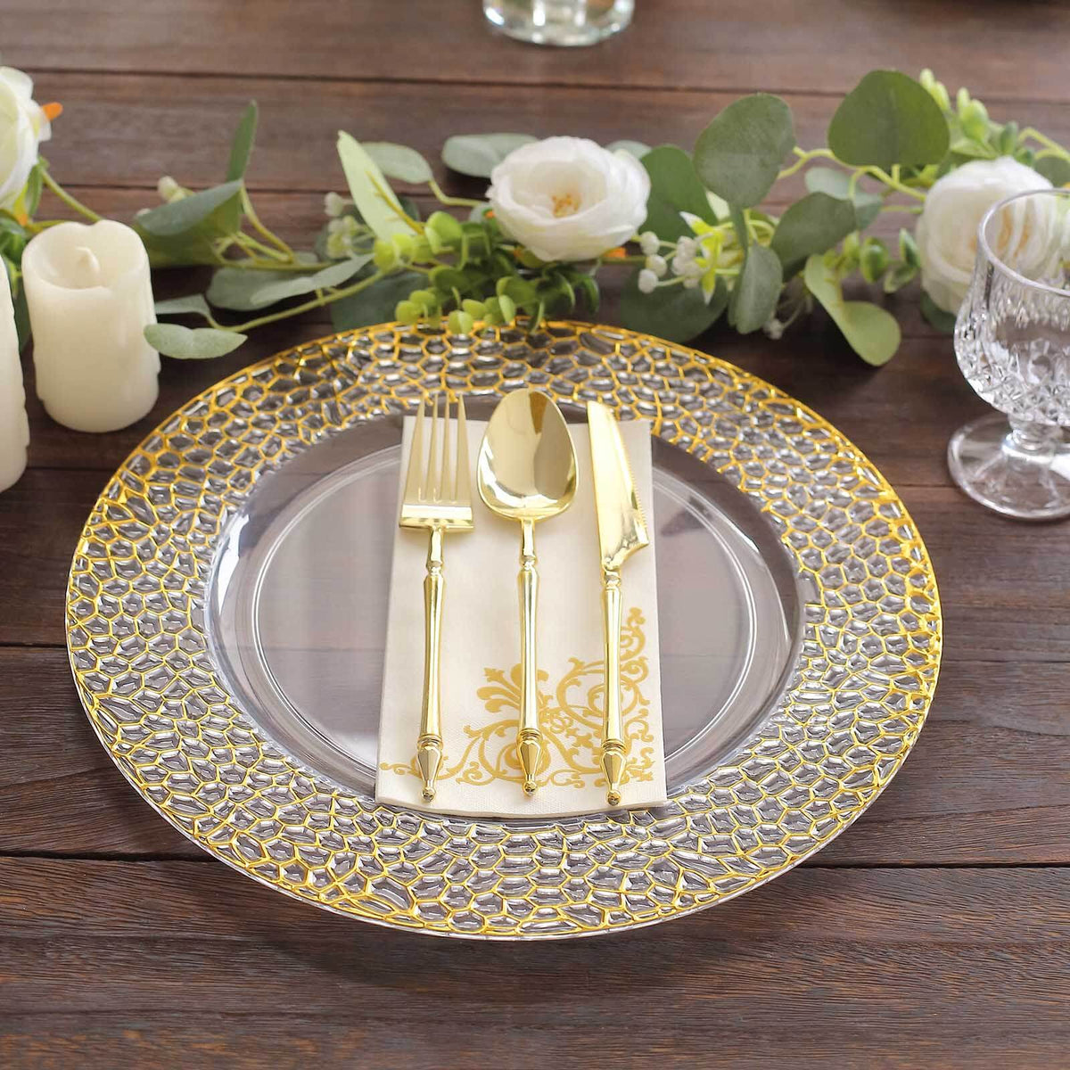 6-Pack Acrylic Charger Plates 13" Round Clear with Gold Hammered Rim - Decorative Plastic Charger Tableware
